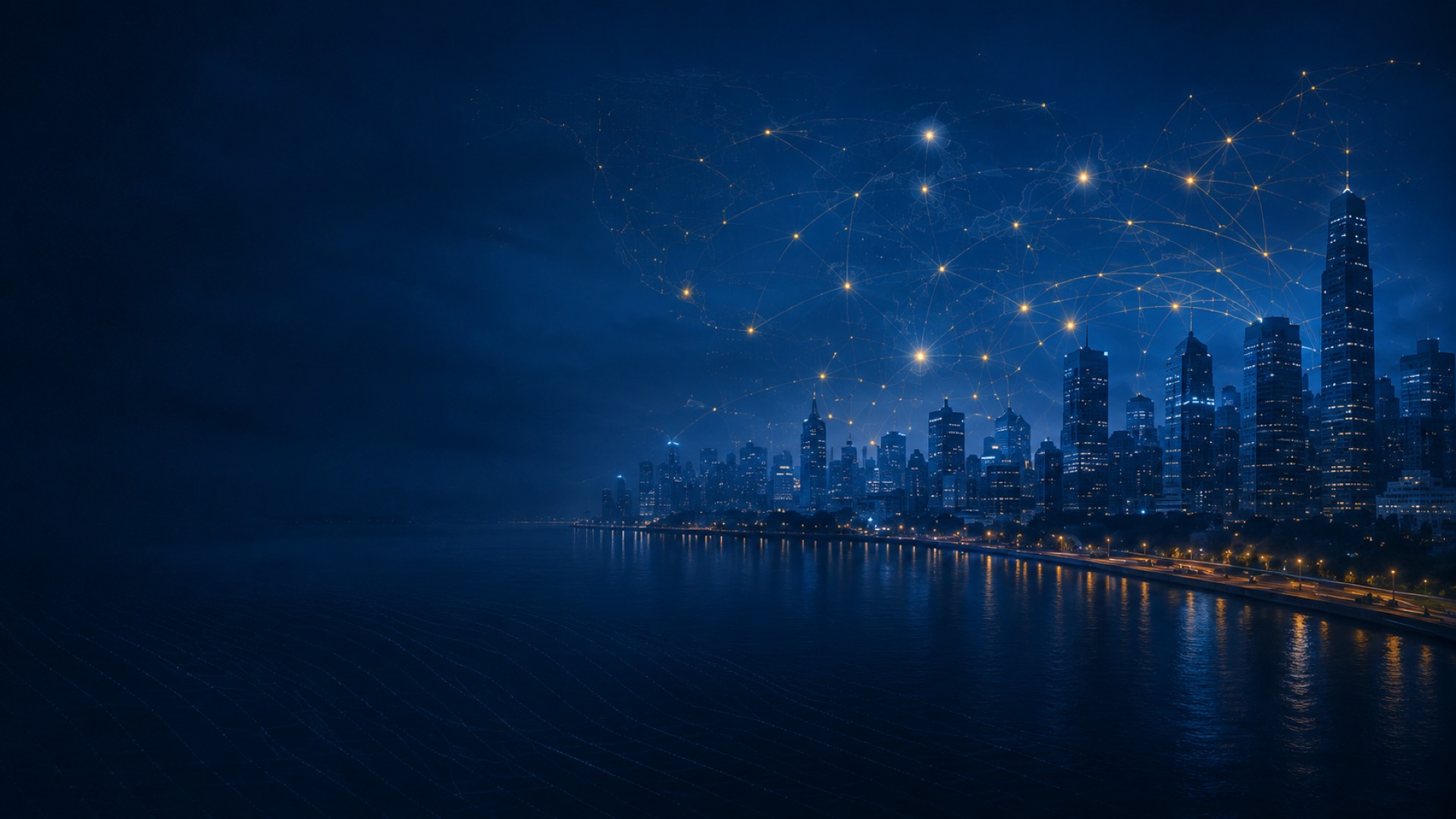 A waterfront skyline at night, points of light joined across a map of the Americas.